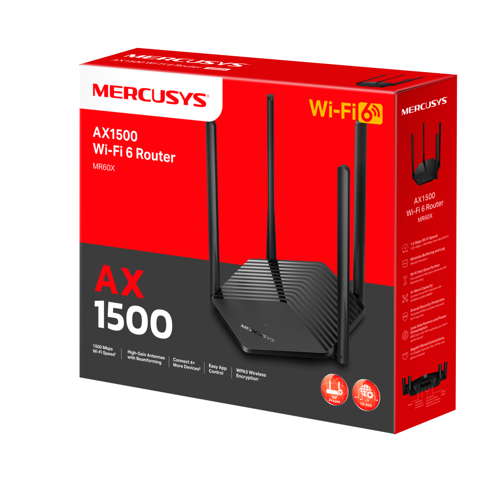MERCUSYS MR60X AX1500 WiFi 6 Router 1.5 Gbps Speeds | Supports OFDMA MU-MIMO | 4× Multi-Directional High-Gain Antennas With Beamforming Boost MERCUSYS MR60X AX1500 WiFi 6 Router 1.5 Gbps Speeds | Supports OFDMA MU-MIMO | 4× Multi-Directional High-Gain Antennas With Beamforming Boost